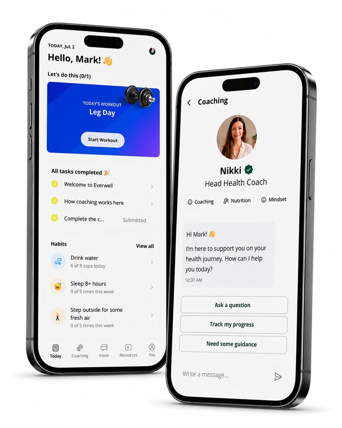 Everwell-appen – skärmar för daglig plan och coachning